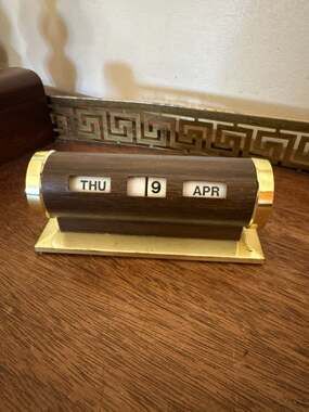Vintage Mid Century Brass and Faux Wood Cylindrical Perpetual Desk Calendar